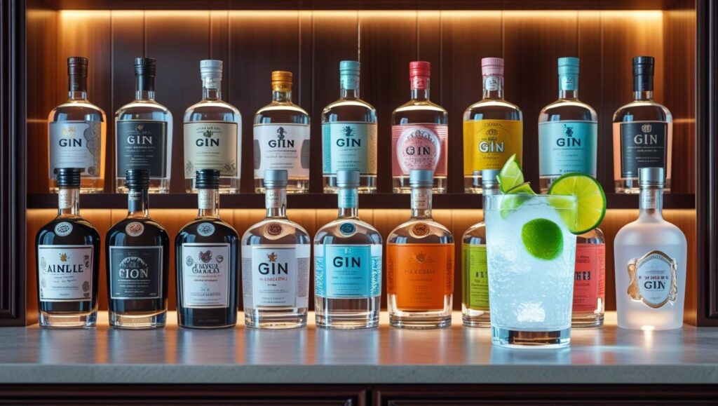 A liquor cabinet full of gin bottles with a cold glass of gin and tonic with a twist of lime on top.
